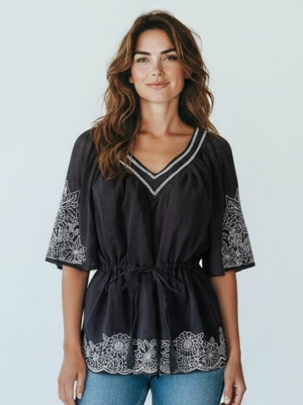 BCBGMaxAzria Black Top with White Embroidery